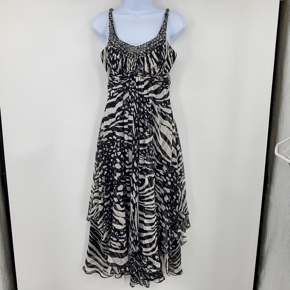 Rickie Freeman Teri Jon Silk Zebra Embellished‎ Handkerchief Hem Dress 4 Formal